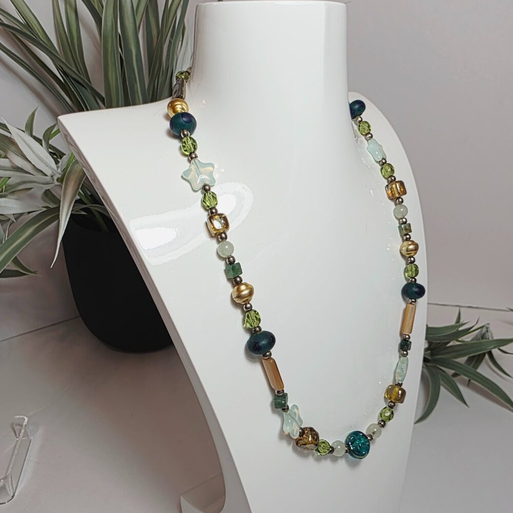 Beaded Necklace – Mixed Glass, Star Beads, Green & Gold Tones